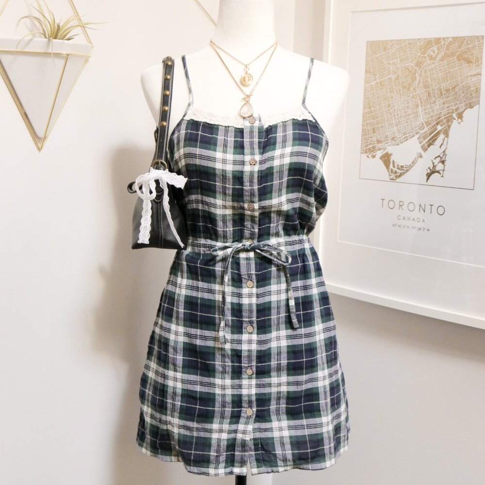Plaid Blue & Green Button Down Dress w/ Crochet Trim 🌳 MOONSTONE